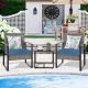 Zeus & Ruta 3-Piece Gray Wicker Outdoor Bistro Set with Blue Cushions