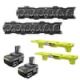 RYOBI ONE+ 18V Lithium-Ion 4.0 Ah Battery (2-Pack), LINK Wall Rails (2-Pack), and (2) LINK ONE+ Battery Shelves PBP2005-STM504-STM818-STM818