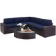 Brown 6-Piece Wicker Outdoor Sectional Set with Dark Blue Cushions and Wedge Table