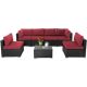 Black Brown 7-Piece Wicker Outdoor Sectional Set with Red Cushions