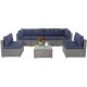 Gray Wicker Outdoor Sectional Set with Dark Blue Cushions (7-Piece)