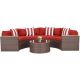 Brown 5-Piece Wicker Outdoor Half-Moon Sectional Sofa Set with Red Cushions and Round Table