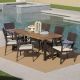 Noble House 7-Piece Plastic, Wood and Iron Rectangular Outdoor Dining Set with Cream Cushion