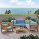 Noble House Oana Teak Brown 5-pc Wood Patio Conversation Sectional Seating Set with Blue Cushions