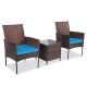 Pyramid Home Decor Alvino 3-pc Wicker Rattan Outdoor Patio Bistro Set, Chairs with Thick Light Blue Cushion and Glass Top Coffee Table