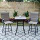 Black 3-Piece Metal Square Outdoor Patio Bar Set w/ Wood-Look Bar Table and Padded Swivel Bistro Chairs