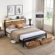 Nestfair Black and Brown Metal Frame Full Size Platform Bed with Storage Headboard, Charging Station, LED Lights and 2 Drawers PB1916W0052