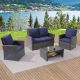 JOYESERY 4-Pieces PE Rattan Wicker Outdoor Patio Conversation Sofa Sets, Patio Sofa Chair for Balcony, Deck and Yard in Navy Blue J-SOFA004NY