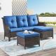 Pocassy Brown 3-Piece Wicker Outdoor Patio Seating Conversation Set Sectional Sofa and Ottoman with Blue Cushions PJ1314-1