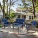 Pocassy 5-Piece Brown Wicker Patio Conversation Set with Blue Cushions and Loveseat Side Table Flat Handrail Rocking Chairs PJ8688-1
