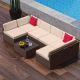 HEARTH & HARBOR 7-Piece Brown Wicker Outdoor Sectional Patio Furniture Corner Sofa Set and Coffee Table with Beige Cushions NB-PFW-7-BR/BG