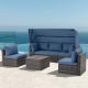 Zeus & Ruta 6-Piece Wicker Patio Conversation Set With Adjustable Canopy and Backrest Blue Cushions for Summer Outside, Backyard Happy-154
