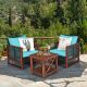 Unbranded Outdoor 3 Pieces Acacia Wood And Rattan Patio Furniture Set with Coffee Table And Turquoise Cushions CWLD-227-TU