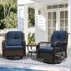 Zeus & Ruta 3-Piece Grey Wicker Patio Conversation Set with Navy Blue Cushions, Rocking Swivel Chair with Glass Top Side Table AS-503