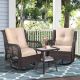 Zeus & Ruta 3-Piece Grey Wicker Patio Conversation Set with Khaki Cushions, Rocking Swivel Chair with Glass Top Side Table AS-504