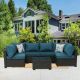 Runesay Outdoor Brown 7-Piece Wicker Patio Conversation Set with Peacock Blue Cushions and Pillows OTDPPP12