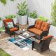 JOYSIDE 4-Piece Wicker Patio Conversation Set and Chairs with Orange Cushions and Brown Steel Table M08M79-M78-ORG
