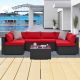 Unbranded 7-Piece Gray Wicker Patio Conversation Set with Red Cushions and Coffee Table OUT-D-349