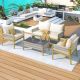 Unbranded Boho 4-Piece Mustard Yellow Metal Patio Conversation Set with Tempered Glass Table and Beige Cushions OUT-D-357