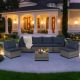 JUSKYS 7-Pieces Outdoor Patio Furniture Wicker Conversation Set with Blue-black Cushions and Table for Deck, Poolside, Porch MZ1016-7BRBL