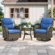 Gymojoy Carolina Gray Wicker 3-Piece Outdoor Swivel Glider Set Outdoor Conversation Set with Blue Thick Cushions GM036-1XL