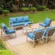 PHI VILLA Gray 6-Piece 7-Seat Metal Outdoor Patio Conversation Sectional Seating Set with Coffee Table and Blue Cushions THD7-CR1102