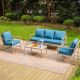PHI VILLA Gray 4-Piece 5-Seat Metal Outdoor Patio Conversation Sectional Seating Set with Coffee Table and Blue Cushions THD5-CR1101