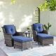 Opohoro ArcoBay 5-Piece Gray Wicker Outdoor Rocking Swivel Chairs Patio Conversation Set with Navy Blue Cushions and Ottomans ABR3OGY-1