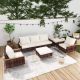 Zeus & Ruta 7 Pieces Outdoor High Back Sectional Sofa, All Weather Wicker Patio Conversation Set with Ottomans and White Cushions HWD-501