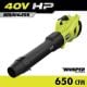 RYOBI 40V HP Brushless Whisper Series 160 MPH 650 CFM Cordless Battery Leaf Blower (Tool Only) RY404014BTL