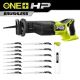 RYOBI ONE+ HP 18V Brushless Cordless Reciprocating Saw (Tool Only) with Reciprocating Saw Blade Set (15-Piece) PBLRS01B-A231501
