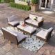 PHI VILLA Brown Wicker Rattan 8 Seat 8-Piece Steel Patio Outdoor Sectional Set with Beige Cushions and 2 Ottomans