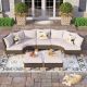 PHI VILLA Brown Rattan Wicker 7 Seat 7-Piece Steel Patio Outdoor Sectional Set with Beige Cushions