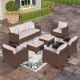 PHI VILLA Brown Rattan Wicker 9 Seat 7-Piece Steel Patio Outdoor Sectional Set with Beige Cushions and 2 Ottomans