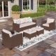 PHI VILLA Brown Rattan Wicker 7 Seat 5-Piece Steel Patio Outdoor Sectional Set with Beige Cushions and 2 Ottomans
