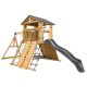 Backyard Discovery Endeavor All Cedar Wood Children Swing Set Playset with Elevated Clubhouse Climbing Wall Swings Web Swing and Gray Slide