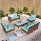 PHI VILLA Brown Rattan Wicker 8-Seat 8-Piece Steel Patio Outdoor Sectional Set with Blue Cushions