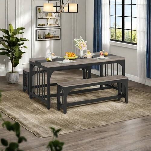 BYBLIGHT Roesler 3-Piece Gray Wood Dining Table with Bench Seats 4-6 Kitchen Table Dining Room Table Home and Living Room BB-JW0502XYQ