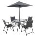 Zeus & Ruta 6-Piece Black Metal Outdoor Patio Dining Set with 4 Folding Chairs, Tempered Glass Top Dining Table and Umbrella HG-899